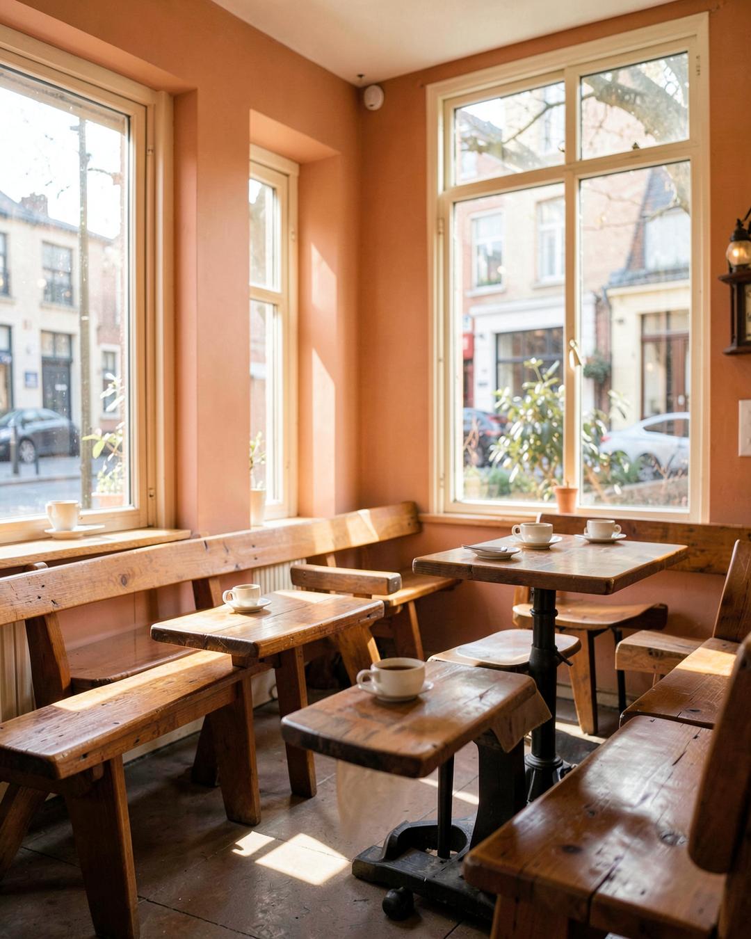 Sunlit interior of Unnamed Café with wooden tables and benches